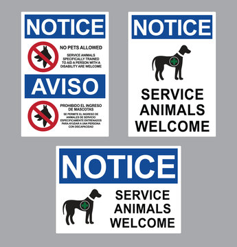 No pets sign, service animals specially trained to help people with a disability required. Guide dogs welcome sign. Support, assistance animal.