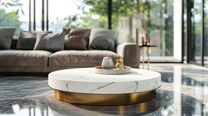 Marble coffee table, white marble with gold edges, round shape, in the center of an open space living room with large windows and modern furniture.