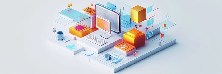 Fototapeta premium Abstract Futuristic 3D Render Minimalistic Style with Floating Geometric Shapes Isometric Design, Light Color Theme, Bright Background, and Soft Lighting