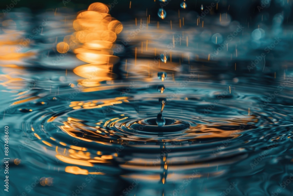 Poster a close-up view of a single water droplet sitting on the surface of calm water