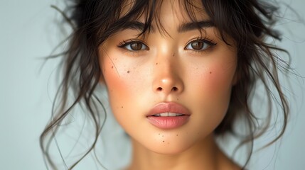 Close-up portrait of a young woman with natural makeup and tousled hair, showcasing beauty and elegance.