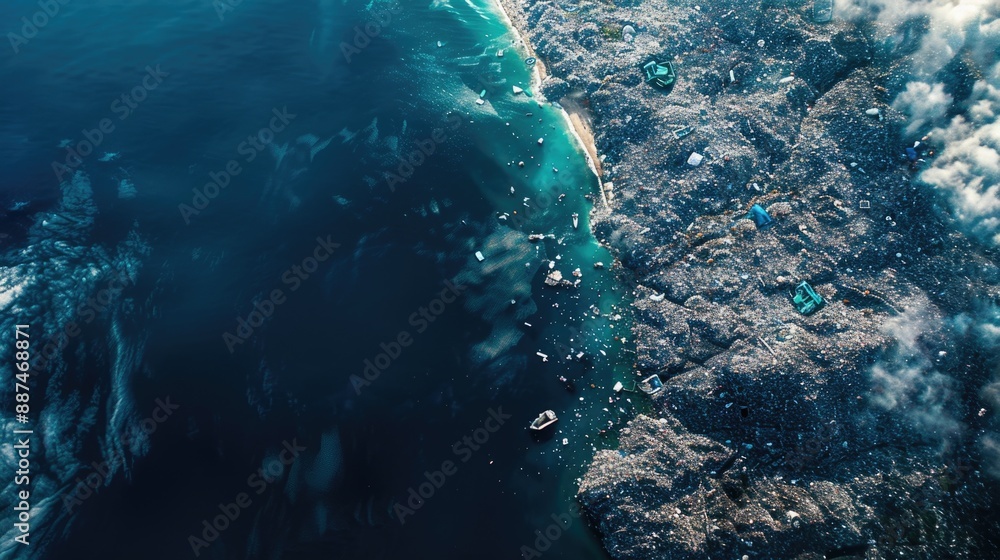 Poster aerial view of a lake or sea with calm waters and surrounding landscape