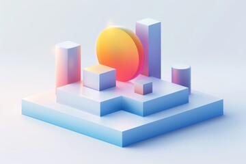 Abstract Futuristic 3D Render Minimalistic Style with Floating Geometric Shapes Isometric Design, Light Color Theme, Bright Background, and Soft Lighting