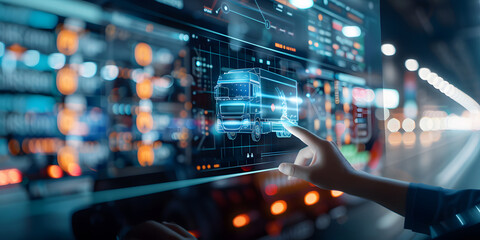 Futuristic technology interface being used to control or monitor a transportation system, displaying a holographic truck model.