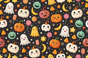 Fototapeta premium Seamless vector pattern with cute ghosts, colorful pumpkins, stars, moons, and candies. Vector Halloween texture on a black background