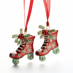 Red Roller Skate Christmas Ornaments With Bows And Snowflake Designs