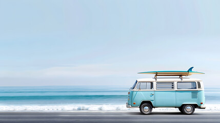 Vintage van with surfboard on a beachside road, capturing a serene ocean backdrop. Ideal for travel and adventure-themed imagery.