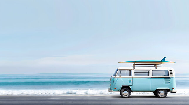 Vintage van with surfboard on a beachside road, capturing a serene ocean backdrop. Ideal for travel and adventure-themed imagery.