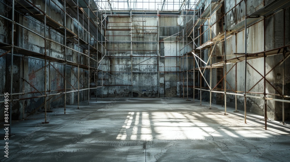 Poster a room with scaffolding installed on the walls for renovation or construction purposes, possibly for