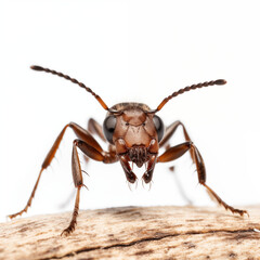 Fototapeta premium Macro Shot Of A Brown Ant On A Log, Isolated On White Background, Highlighting The Details Of This Small Insect