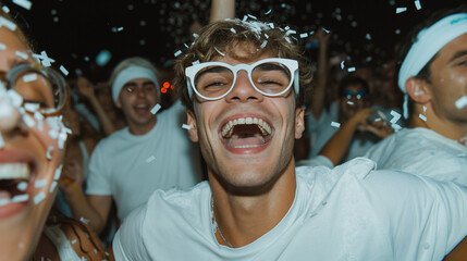 Obraz premium portrait of a person in a party, New Year’s, festival, celebration, white attire, festival, party, New Year’s Eve, revelry, festive, crowd, joy, confetti, dancing, music, event