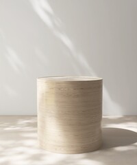 Modern, minimal cylinder wooden pedestal table podium in dapple sunlight, shadow on white wall, beige floor for luxury organic cosmetic, skincare, body care, beauty product background 3D
