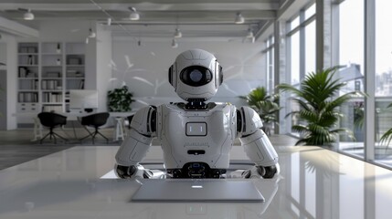 Human robot working alongside humans in an office environment with minimalist background
