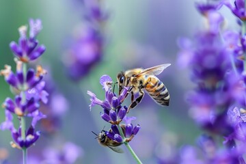 A close-up of a bee collecting nectar from a lavender flower, with a blurred purple background