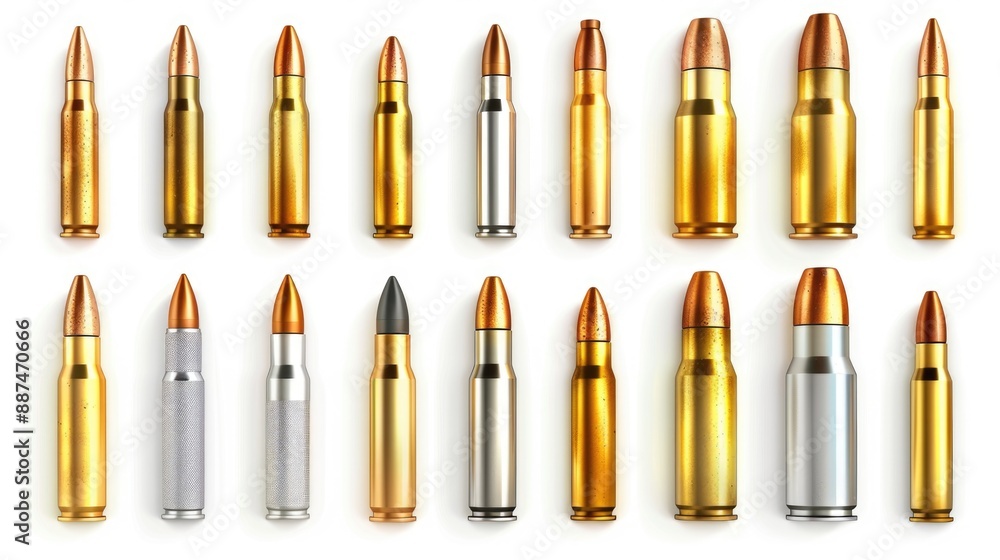 Poster a collection of different bullet styles and shapes against a plain white background, ideal for illus