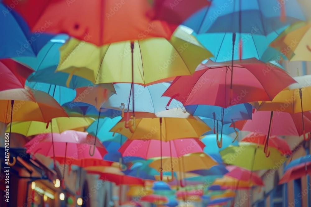 Poster a collection of vibrant umbrellas suspended from the ceiling, creating a lively atmosphere