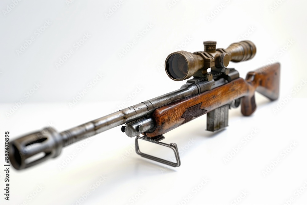 Poster A close-up shot of a rifle with a scope on a white background, suitable for use in editorial or commercial contexts