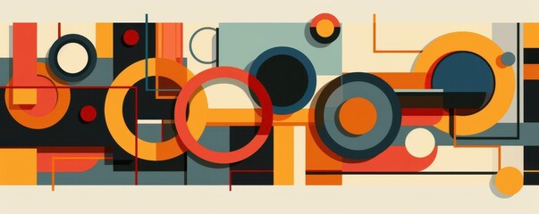 Obraz premium Colorful abstract shapes, centered design, flat design, top view, retro theme, cartoon drawing, Complementary Color Scheme