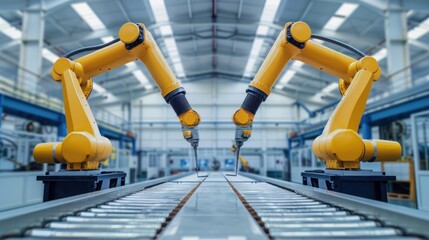 Manufacturing, Robots, Operating, HighEfficiency, Modern, Plant, Minimalist, Background, Technology, Automation, Robotics, Production, Industry, 