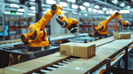 Fototapeta premium Manufacturing robots packaging products in an industrial setting with minimalist background
