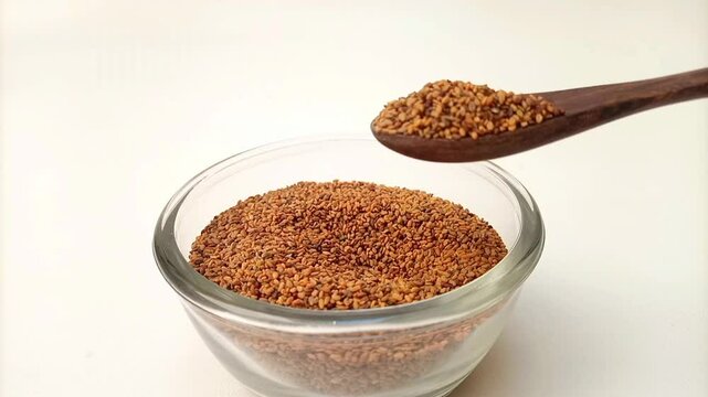 Spoon out of Fenugreek seeds from the glass bowl with a wooden spoon, herbs and spices.