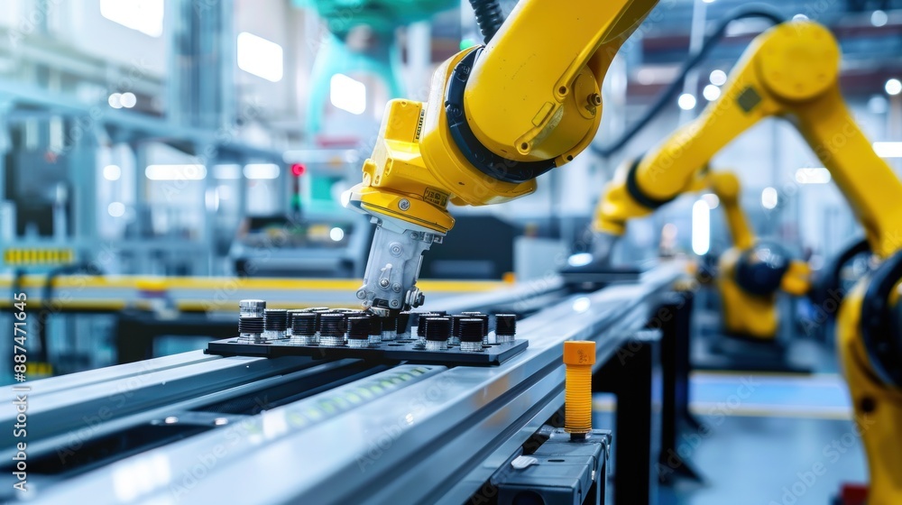 Poster robot arm assembling components on an industrial production line with minimalist background