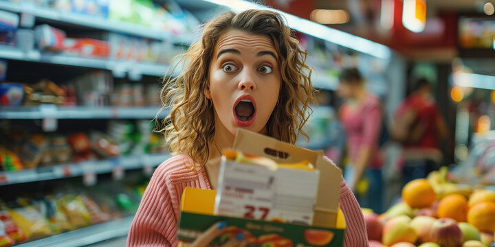 A consumer surprised at a store checkout