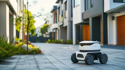 Robot delivery service operating in a residential neighborhood with minimalist background