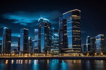 Obraz premium Nighttime cityscape with illuminated skyscrapers creating modern and vibrant urban scene