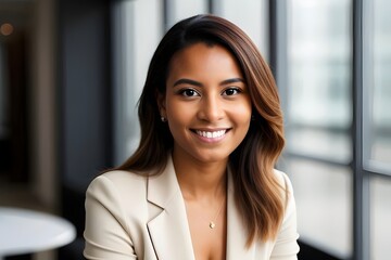 Fototapeta premium a happy successful business woman in business attire in a corporate office setting, professional, confident, smiling, ambitious, executive, leadership, entrepreneur, career, achievement, beautiful