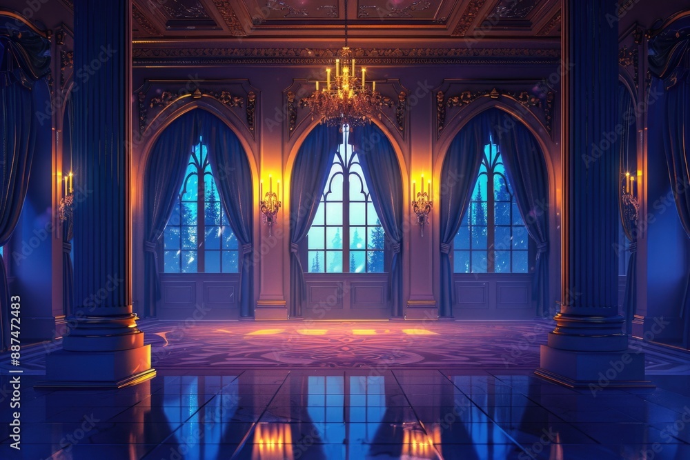 Poster a luxurious room with chandeliers hanging from the ceiling, perfect for an upscale event or as a dec