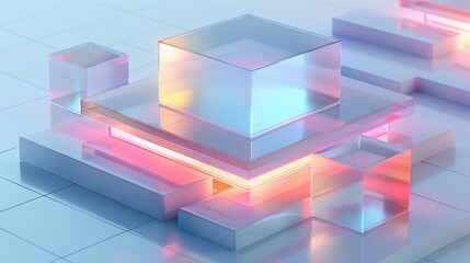 Obraz premium Abstract Futuristic 3D Render Minimalistic Style with Floating Geometric Shapes Isometric Design, Light Color Theme, Bright Background, and Soft Lighting