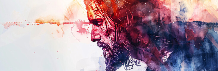 Abstract watercolor illustration of Jesus Christ, with copy space for text. Suitable for religious holidays, events, and decorations.