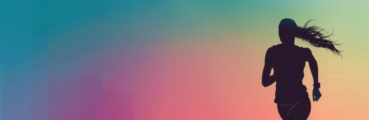 Photo of A female runner silhouette against gradient background, with copy space for text or design. Web banner style with copyspace on the right side. Soft pastel colors and dynamic composition.