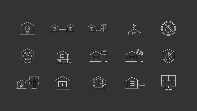 Building standards animation library. Construction safety animated white line icons. Minimum distance, insulation. Isolated illustrations on dark background. Transition alpha. HD video. Icon pack
