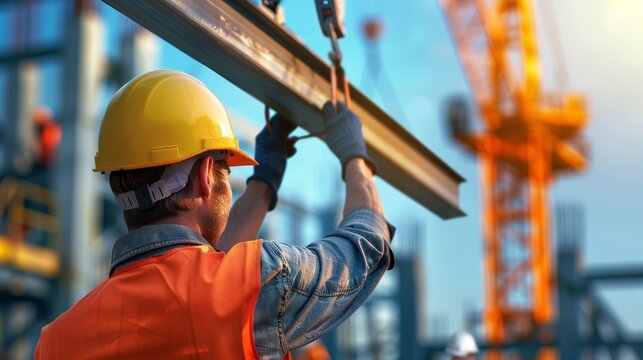 Structural Development: Crane lifting steel beams at construction site, workers in hard hats coordinating operations