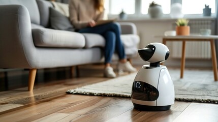 Robot dog sitting next to its owner in a living room with minimalist background