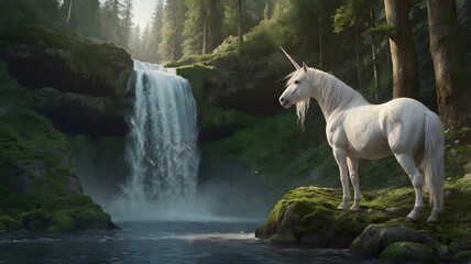 A white fabulous unicorn stands at a forest waterfall