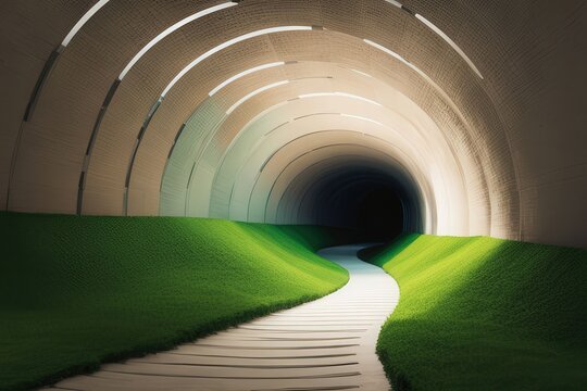 the ai generated image, a tunnel with a fog on the surface of the road