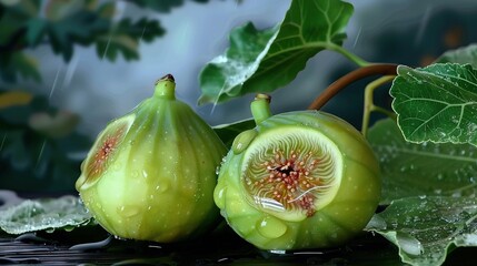   Two figs sit atop a table, beside a lush green plant with water droplets