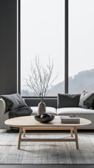 Fototapeta premium Contemporary living room interiors with minimalist furniture and neutral contrasting colors. Luxury realty composition with minimal furniture.