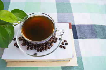 Delicious Cup of Black Coffee Americano Espresso Beans in Fancy Restaurant with Books and Plants