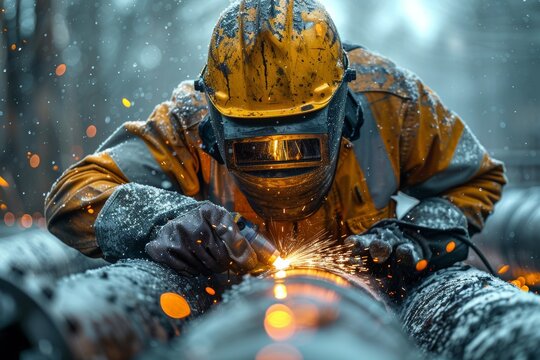 Industrial 4.0 welder in heavy industry constructing nlg pipeline for clean energy