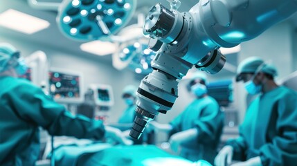 Robot-assisted surgery in progress with a medical team observing