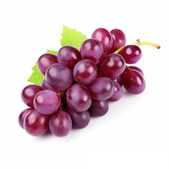 Fototapeta premium Bunch Of Fresh Purple Grapes With Green Leaf On White Background