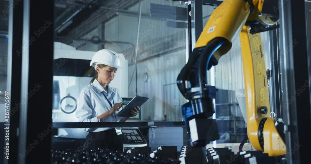 Fototapete electronics manufacturing technician working on a tablet computer at a factory space. caucasian fema