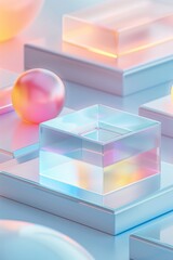 Obraz premium Abstract Futuristic 3D Render Minimalistic Style with Floating Geometric Shapes Isometric Design, Light Color Theme, Bright Background, and Soft Lighting