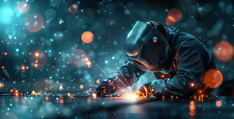 Fototapeta premium Industrial Welder in Protective Gear Creating Spark Shower in Dark Environment