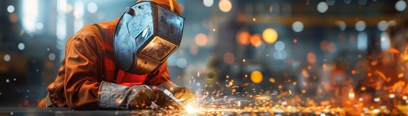 Skilled Welder in a Realistic Welding Mask Working with Sparks in Industrial Workshop
