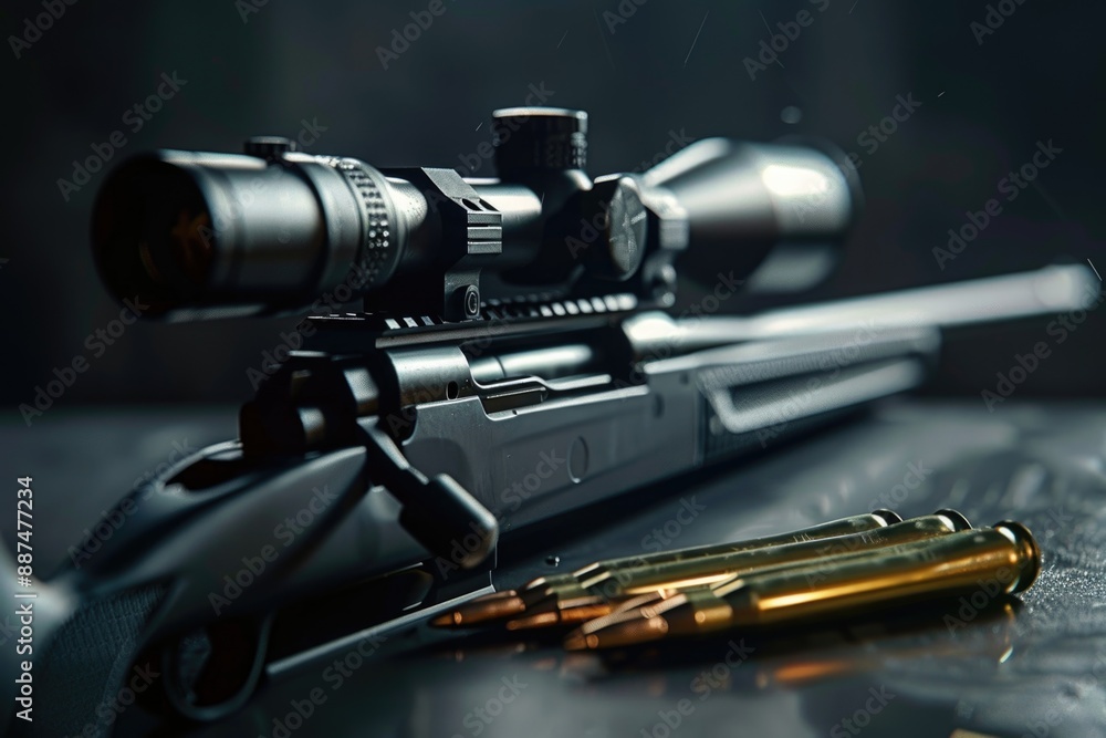 Poster a close-up shot of a rifle and bullet on a table, suitable for use in military or outdoor-themed con